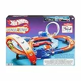 Hot Wheels Spielzeugauto Trackset, Ultra Hots Rasanter Wettkampfstart mit 2 Fahrzeugen im Maßstab 1:64, Kopf-an-Kopf-Rennen und Stunts, 2 manuell bedienbare Starter, HXR71