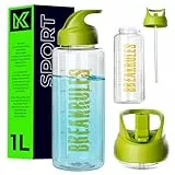 KADAX Trinkflasche 1L, Auslaufsichere Wasserflasche mit Strohhalm & Zeitmarkierung für Fitness, Büro & Schule, Wiederverwendbare Sportflasche aus Tritan (Grün)
