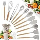 Küchenutensilien Set - 22 Stücke Silikon Küchenhelfer - Küchen Hitzebeständiger Kochbesteck Set - Pfannenwender Set - mit Utensilienhalter und 10 S Haken (Khaki)