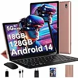 DMOAO Tablet 10 Zoll Android 14 mit 5G WLAN 6, 18 GB RAM + 128 GB ROM(TF 1TB), Widevine L1, Octa-Core, BT 5.0, Face ID, FHD 1280 * 800 IPS, 6000 mAh, 2 in 1 Tablet mit Tastatur + Maus, Rose Gold
