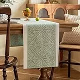 Baumwolle Leinen Tischläufer 35 x 180 cm, Frühlingsdeko Tischläufer mit Lotuseffekt, Abwaschbar und Wasserabweisend, Modern Geometrisches Musterdesign Dekoration Table Runner für Esstisch und Party