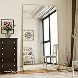Koonmi Standspiegel mit abgerundeten Ecken, 76 x 171 cm Ganzkörperspiegel mit Ständer, großer Fußboden Standspiegel Ganzkörperspiegel Wand Hänger für Schlafzimmer, Wohnzimmer, Gold