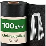Praknu Unkrautvlies 100g/m2 Extra Stark - 50m2 - Unkrautfolie mit 24 Erdankern - Wasserdurchlässig & Reißfest - UV Stabil - Gartenvlies - Gartenfolie - Mulchfolie - Vlies gegen Unkraut - Unkrautmatte
