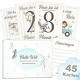 OLGS Meilensteinkarten Baby Junge, 45 Meilenstein Karten für Kinder zur Geburt, Taufe, Babyparty | Milestone Geschenkset mit Geschenkbox für Neugeborene Babys