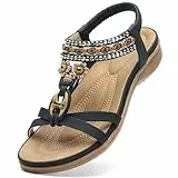 Littleplum Sandalen Damen Freizeit Flach Sandalette mit Strass Perlen Bohemia Strand Schuhe Casual Ankle Elastic Flip Flops,A Schwarz 41 EU