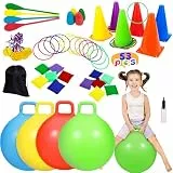 CWLAKON Outdoor-Karnevalsspiele, 53 Stück, Hopper-Bälle für Kinder, weiche Kunststoff-Kegel, Sitzsäcke, Ringwurfspiel, Eierlöffel, Relaisrennen, Außenbereich, Rasen, Hof, Hinterhof