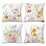COZZSNUGE Frühling Blumen Kissenbezüge 45 x 45 cm, Mohn Blume Schmetterling Garten Polyester Dekorative Kissenhülle Zierkissenbezüge für Sofa Wohnzimmer Zuhause 4er Set