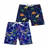 NautySaurs 2er-Pack Jungen-Badehosen, Kleinkinder, Dinosaurier-Badeshorts, süße Hai-Clownfisch-Bademode, 116-122, Dinosaurier + Unterwasserwelt, 5–6 Jahre
