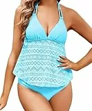 Ocean Plus Damen Elegant Rückenfreie Einfarbige Tankini Set Spitze Rückenschnürung Bikini mit Hals Bauch-bedeckung Tankini Zweiteiliger Badeanzug (XL (EU 40-42), Blau)