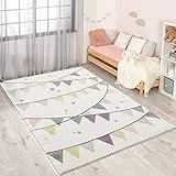 carpet city Teppich Kinderzimmer 160x230 cm - Kinderteppich Creme, Lila - Wimpel, Sterne - Spielteppich Kinder - Babyzimmer Deko