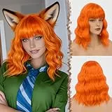 FESHFEN Wellig Bob Perücke mit Pony - 35cm Orange Schulterlänge Perücken für Damen Frauen Synthetik Kunsthaar Haarperücke für Alltag Karneval Fasching