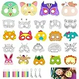 Leikedun 24 Masken für Kinder Tiermasken Blanko Bemalen Masken mit Bungee-Strings und 18 Farbigen Aquarell-Pinsel, zum selbst Bemalen und Gestalten, für Kinder Mädchen Junge Kindergeburtstage Cosplay