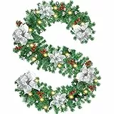 Timiyou Weihnachtsgirlande, 270cm Tannengirlande mit Blumen und Rote Beere, Weihnachtsdeko Innen Aussen Girlande für Haus Treppen Kamin Haustür Terrasse und Gärten（Silber）