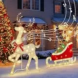 DELICHTER Beleuchtet Rentier mit Schlitten mit 117 Warmweißen LEDs Stehende Weihnachtsdeko mit Musik und Bewegungsmelder Weihnachten Hirsch für Innen Aussen 107 cm