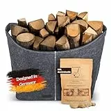 Noisy Sheeps® Holzkorb für Kaminholz groß XXL 60L | Extra starker 6mm Filz | inkl. Anzündwolle für Kamin und Grill | verstärkte Griffe und Boden | zusammenfaltbar | Feuerholzkorb | Kaminholzkorb