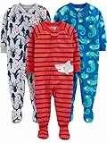 Simple Joys by Carter's Baby-Jungen 3-Pack Loose Fit Flame Resistant Polyester Jersey Footed Pajamas Pajama-Sets, Blau Chameleon/Grau Haifisch/Rot Streifen, 6-9 Monate (3er Pack)