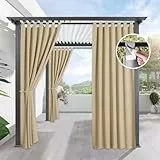 Outdoor Vorhang Wetterfest, Outdoorvorhänge Blickdicht 132×183cm, Sichtschutz Sonnenschutz, Outdoor Vorhänge Wasserdicht mit Klettverschluss, Outdoor Gardinen für Balkon Pavillon Terrasse, Beige