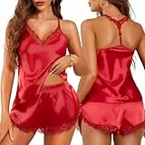 RSLOVE Damen Schlafanzug Satin Pyjama - Sexy Pyjama Set Frauen Nachtwäsche Zweiteiliger V-Ausschnitt Ärmellos Rot M