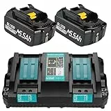 2 Stück 18V 5.5Ah Ersatzakku + 6A DC18RD Dual Port Ladegerät für Ma-Kita 14.4V-18V BL1830 BL1850 BL1860 BL1840 BL1830B etc Werkzeugakku und DC18RC DC18RD DC18SF DC18RA DC18RF Ladegerät