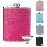 Rosa Rot Edelstahl Flachmann mit Glitzer für Frauen, Whisky Alkohol Flachmann mit Trichter, Tragbar Flachmann Zum Wandern, Klettern, Angeln, Camping, 8Oz /240 ml