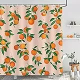 Bonhause Duschvorhang Orange Frucht Zitrusgewächs Grüne Blätter Duschvorhänge 180 x 180 cm Anti-Schimmel Wasserdicht Polyester Stoff Waschbar Bad Vorhäng für Badzimmer mit 12 Haken