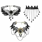 Flongo 3 Stück Gothic Choker Halsband Set Halloween Schmuck schwarz gold mit Spitze Lace Viktorianisch Halsketten Damen Kette für Fasching Party Konstüm Sexy Mädchen Frauen hexen zubehör