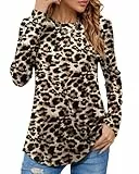 PLOKNRD Langarmshirt Damen - Herbst Rundhals Langarm Oberteile Elegant T-Shirt Tunika Tops (Brown Leopard,XXL)