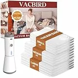 Vacbird Vakuumbeutel für Kleidung mit Kabelloser Vakuumpumpe, 12er-Pack (4 groß, 4 mittelgroß, 4 klein), Wiederverwendbare Vakuumbeutel für Bettdecken, Umzug, Bettwäsche