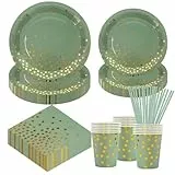 50 Stück Salbeigrün Partygeschirr Geburtstag,Salbeigrün mit goldenen Punkten Liefert Teller Servietten Tassen Strohhalme für Geburtstag Hochzeit Party