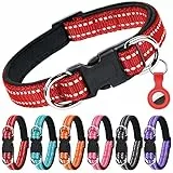 AUAUY Reflektierend Halsband Hund, Verstellbares Atmungsaktives Hundehalsband, Weich Gepolstertes Neopren Nylon Hunde Halsband mit AirTag-Hülle Doppel-D-Ring für Kleine Mittel Große Hunde(Rot-S)