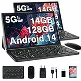 GOODTEL 2024 Neueste Tablet 10 Zoll 14GB RAM + 128GB ROM, Android 13 5G + 2.4G WiFi, 2.0Ghz Core, GPS, Bluetooth 5.0, 8MP + 5MP, Type C, OTG, Cast, Mit Schutzhülle, Tastatur und Maus(Schwarz)