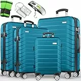 tillvex® Reisekoffer Set 4-teilig + Gepäckwaage, 4X Koffergurte & 4X Kofferanhänger | Kofferset 4 Rollen | Trolley Gepäck Koffer TSA Schloss | Hartschalenkofferset S-M-L-XL