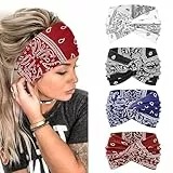 Haarbänder Damen Breite Elastische Weiche 4 Pcs Sommer Boho Stirnband Print Haarschmuck Yoga Sport Haarband Mehrfarbig Dünn Stirnbänder (Mehrfarbig-D)