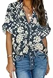 ANCAPELION Damen Sommer Bluse Fashion Tuniken Hemd Kurzarm Shirt Casual Oberteile Lose Fit Top V-Ausschnitt Tunika für Frauen Blaupause M