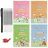 XWCHASA 4 Stück Deutsch Magisches Heft mit Stift, Wiederverwendbar Handschrift Nachziehen, 19x13cm Magische Übungshefte für Kinder Kalligraphie, Zahlen, Zeichnung, Mathe, Briefe, Kalligraphie
