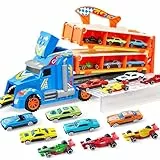 JOYIN Transporter Truck Spielzeugautos für Jungen ab 3 4 5 6-12 Leichtmetall Rennautos mit 2 Werfern, Tragbares Rennbahn Truck Spielzeugauto mit Lichtern und Sound, LKW Spielzeug Set für Kinder 3+