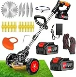 Xbzzgmg Akku Rasentrimmer mit Akku, Rasentrimmer Akku mit 2x4,0mAH - Elektrischer Rasentrimmer mit 4 Messertypen, Akku Rasentrimmer mit Rädern, Einziehbar, Trimmer Garten für Garten, Hof, Gehwege