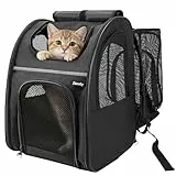Zavothy Haustier Rucksack für Katzen und Hunde, Tragbar und Faltbar, mit Netzfenster und Gepolsterter Rückenstütze, Atmungsaktiv, Belastbarkeit bis 8kg (Erweiterbar Schwarz)