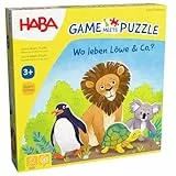 HABA Game Meets Puzzle – Wo Leben Löwe & Co.? – Würfelspiel & Puzzle in einem – 4 Puzzles mit 4 großen Tier-Holzfiguren – ab 3 Jahren – 2011724001