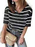 Damen Sommer Kurzarm Strickpullover mit V-Ausschnitt Gestreifter Outfit T-Shirt lockerer Schnitt modischer Freizeit Pullover 2025