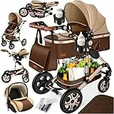 KESSER® Loops 4 in 1 Kinderwagen Kombikinderwagen Komplett-Set inkl. Babywanne & Buggy Sportsitz & Auto-Babyschale Voll-Gummireifen Wickeltasche Regenschutz Kindertisch ECE R129, Braun/Champagne