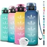 Grsta Trinkflasche 1.5l, Trinkflasche Sport, Wasserflasche Auslaufsicher, Wasserflasche mit Filter und Zeitmarkierung, Flasche Kohlensäure Geeignet, Leicht zu Reinigen, für Fitness, Reisen, Outdoor