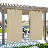 Clothink Outdoor Vorhänge Wasserfest Sonnenschutz Winddicht Rostfrei mit kleinen Ösen oben unten für Terrasse Garten Balkon Familienhaushalte einfache Montage farbecht haltbar(132x275cm,1Stück, Beige)