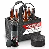 wortek Geschenkset Männer Geschenke - Männerhandtasche Bier aus Filz mit 6 Fächern - Flaschenöffner mit Auffangbehälter - Untersetzer Gläser 8er Set - Witzige Geschenke für Männer und Bierliebhaber