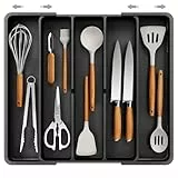 Kitsure Erweiterbarer Besteckkasten für Schubladen – Großer Besteck Schubladeneinsatz mit 5 Fächern, Wohnungs Zubehör für Küche und Ordnung, Schwarz, 34,6 x 3,6 x 28,0~50,5 cm