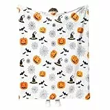 FestiKiva Fleece-Überwurfdecke mit Halloween-Kürbis-Spinnennetz und Fledermausmotiv – ideal für Kinderzimmer, Wohnzimmer, Couch, Sofa und als Heimdekoration (Weiß)