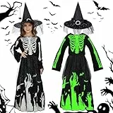 FORMIZON Hexenkostüm für Mädchen - Prinzessin Skelett Halloween Kostüm Glow in the Dark Mit Hexenhut - Vampir Verkleidung für Karneval Cosplay (L)