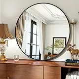Koonmi 91cm Round Wall Mirror, Circle Bathroom with Metal Frame Hanging Leaning for Entryways, Washrooms, Living Rooms, Black
