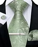 DiBanGu Herren Grün Krawatte Set Salbei Grün Paisley Krawatte für Männer Einstecktuch Manschettenknöpfe Krawattenklammer Set Formelle Geschäftsfeier