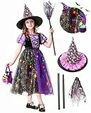 Charmofun Hexenkostüm Mädchen mit LED Lichter, Hexenkostüm Kindermit Hexenbesen Hexenhut und Süßigkeitentasche, Halloween Kostüm Kinder Hexe, Mädchen Halloween Fasching Karneval Party Bekleidung